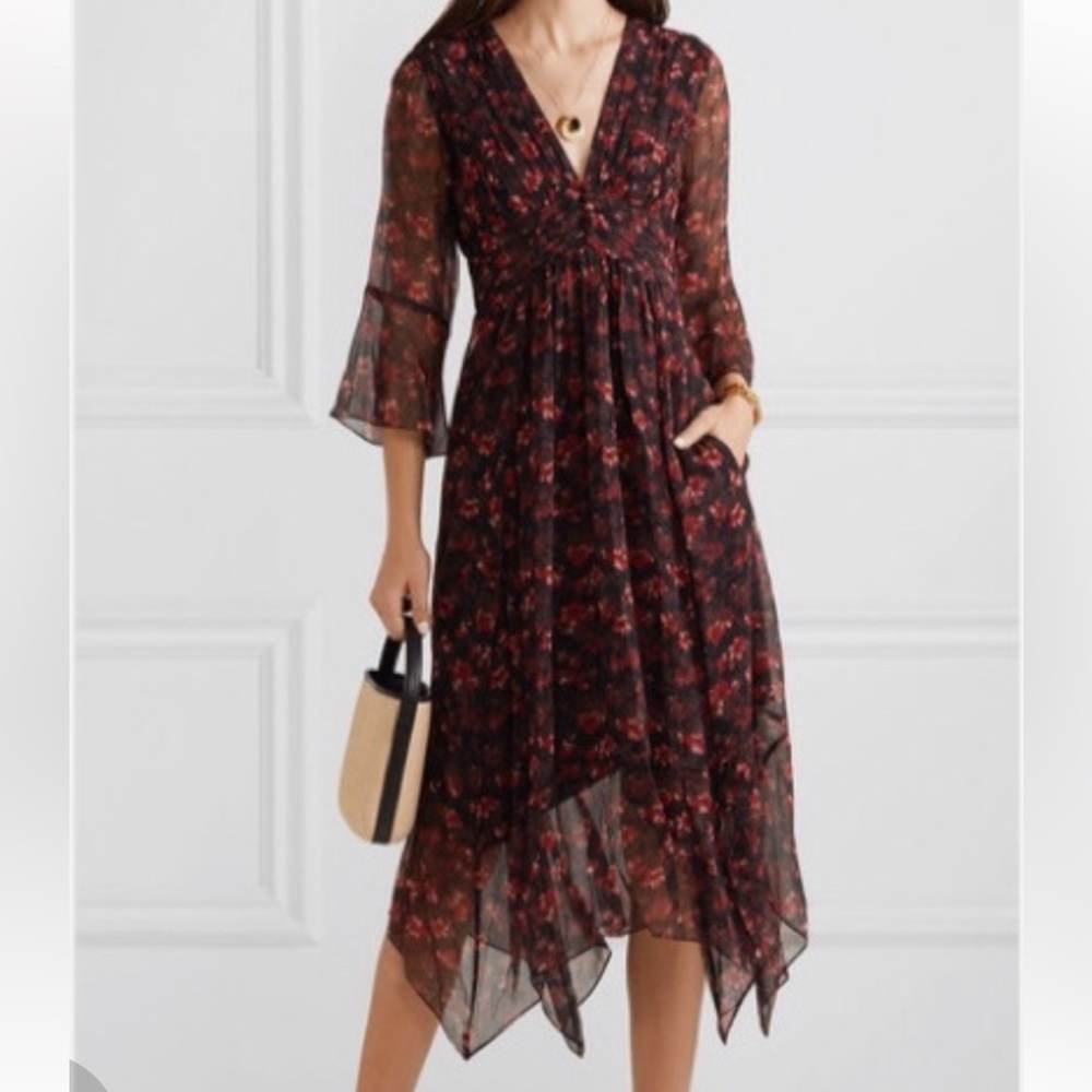 Rachel Zoe red and black floral chiffon layered dress with pleated detail